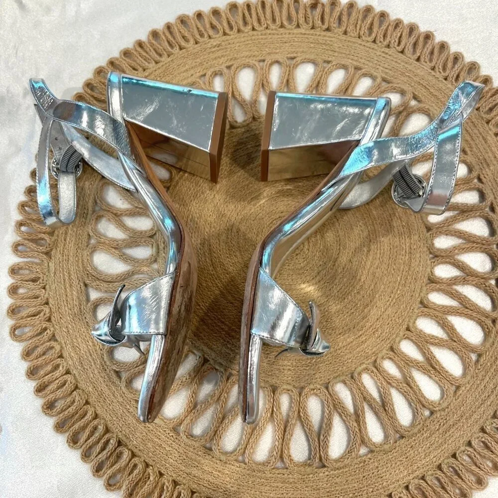 Alexandre Birman Women's Clarita Flare Block Heel Sandals Silver Size EU 40
